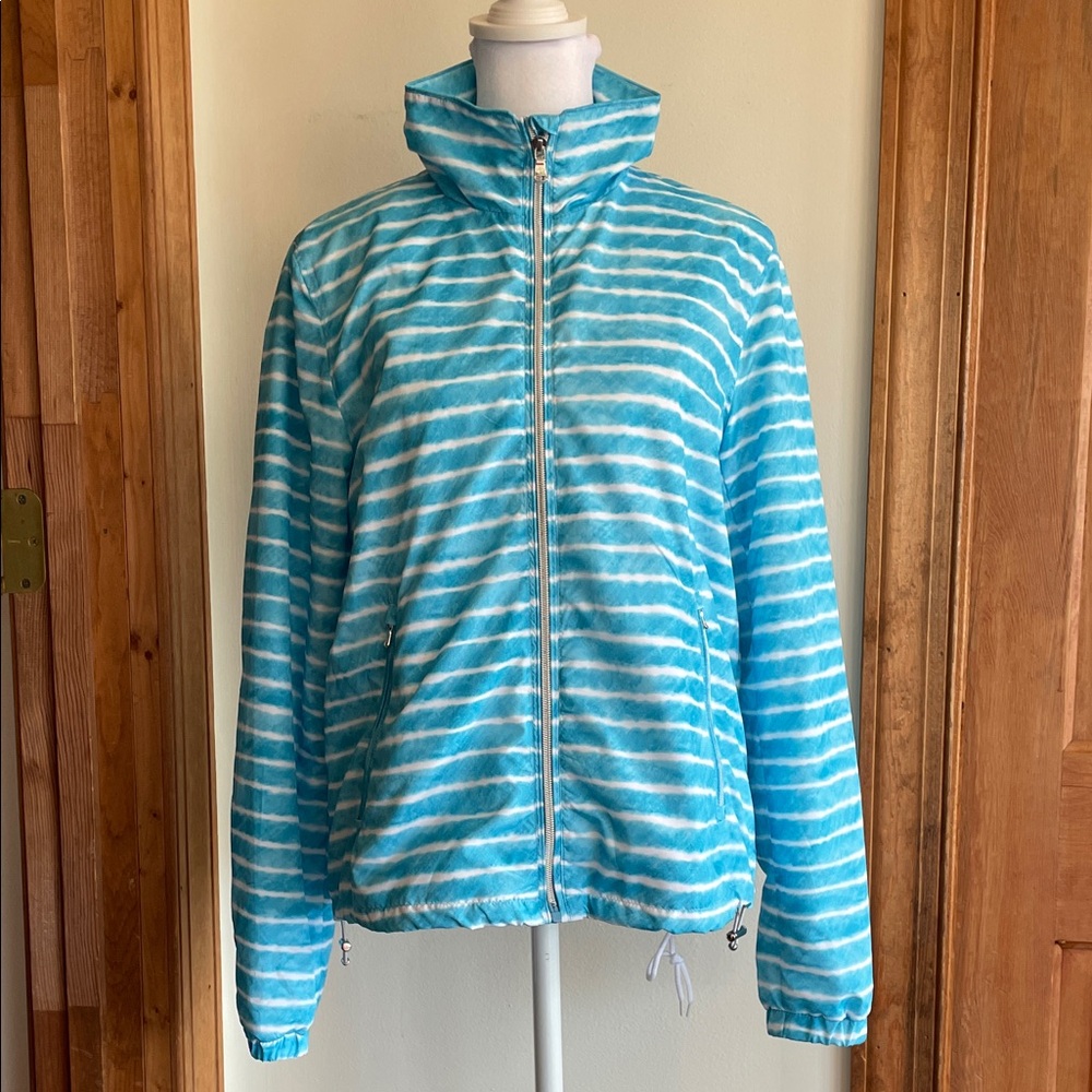 LAUREN RALPH LAUREN Womens Active Zip Aqua White Striped Nylon Active Jacket M